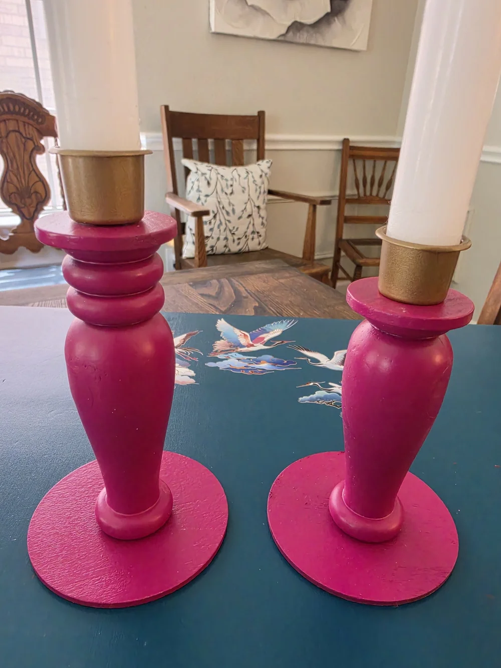 Set of 2 Wood Taper Candle Holder Candlesticks Pink Painted Gold Metal Cups 5in